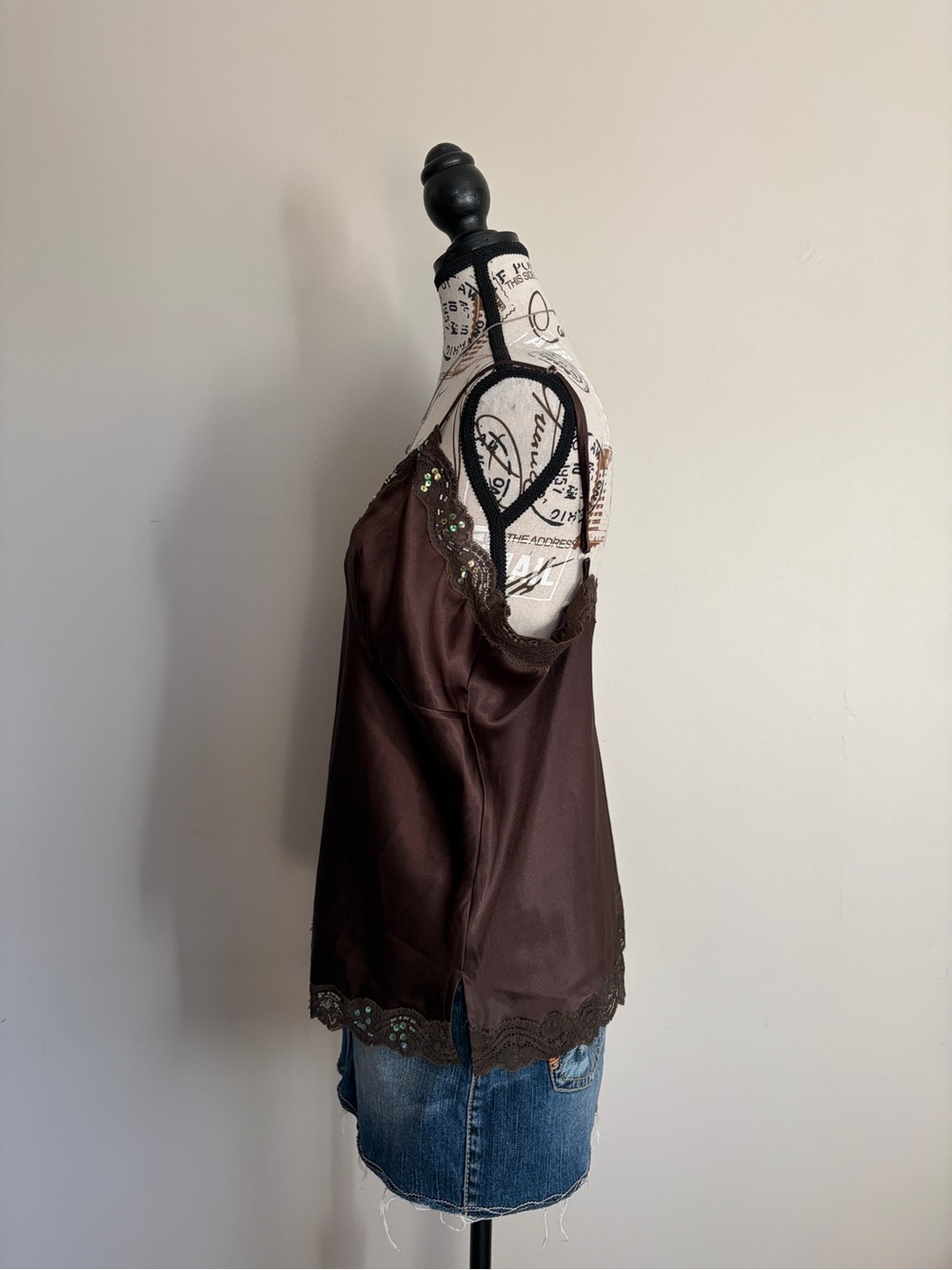 Y2K Chocolate Brown Satin Lace Sequin Beaded Girly Camisole - Picture 5 of 12